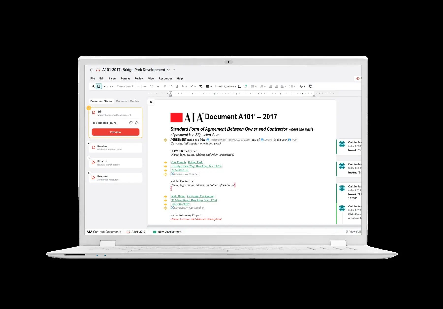 Catina editor showing AIA Document A101-2017 with tracked changes and reviewer comments