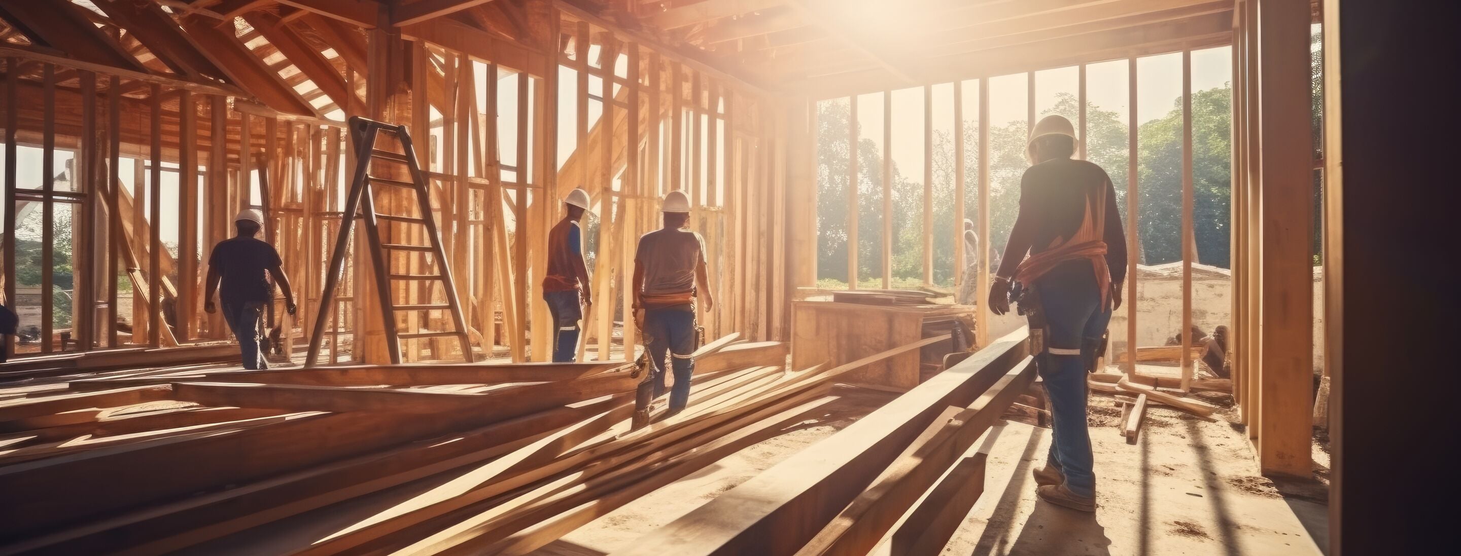 Crew framing a timber structure on an active job site